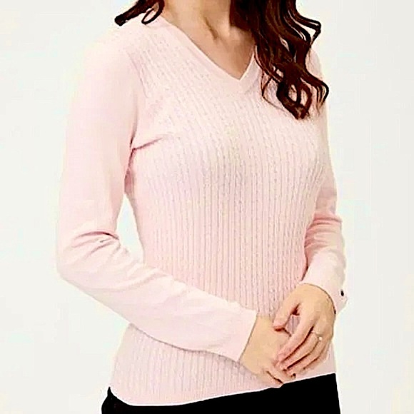 Tommy Hilfiger Pink Knit 100% Cotton V-Neck Sweater - Picture 1 of 12